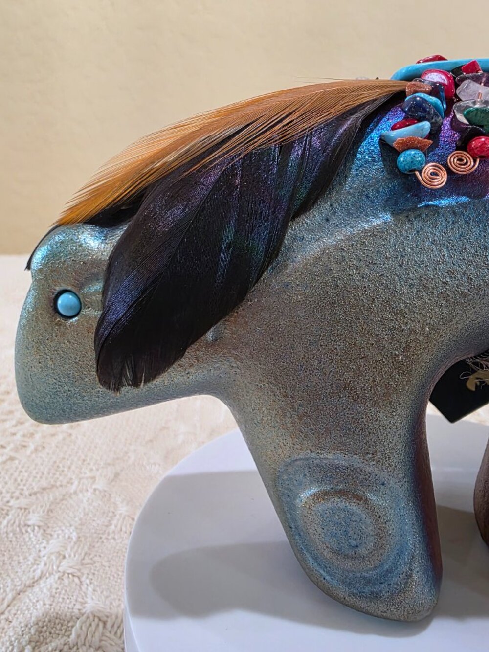 Jeremy Diller Raku Pottery Spirit Bear Fetish Figurine Turquoise Eye Feathers B2 - Picture 15 of 17